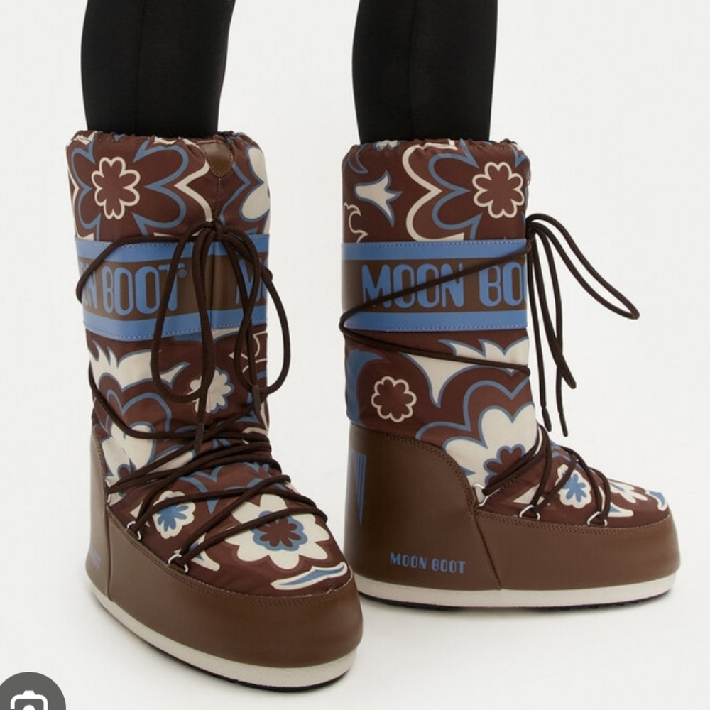 Moon Boot Icon Flower Moon Boots Floral Boots Brown White Blue Flowers